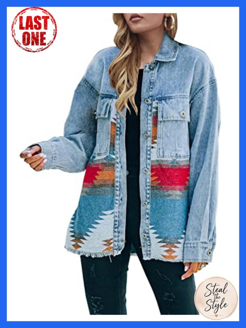 Aztec Denim Jacket Distressed Vintage Button Down Shacket Fringe